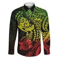 Hawaiian Manta Ray and Hammerhead Shark Tribal Tattoo Family Matching Off Shoulder Short Dress and Hawaiian Shirt with Polynesian Tribal Pattern Reggae Style