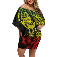 Hawaiian Manta Ray and Hammerhead Shark Tribal Tattoo Family Matching Off Shoulder Short Dress and Hawaiian Shirt with Polynesian Tribal Pattern Reggae Style