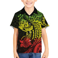 Hawaiian Manta Ray and Hammerhead Shark Tribal Tattoo Family Matching Off Shoulder Short Dress and Hawaiian Shirt with Polynesian Tribal Pattern Reggae Style
