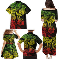 Hawaiian Manta Ray and Hammerhead Shark Tribal Tattoo Family Matching Puletasi and Hawaiian Shirt with Polynesian Tribal Pattern Reggae Style