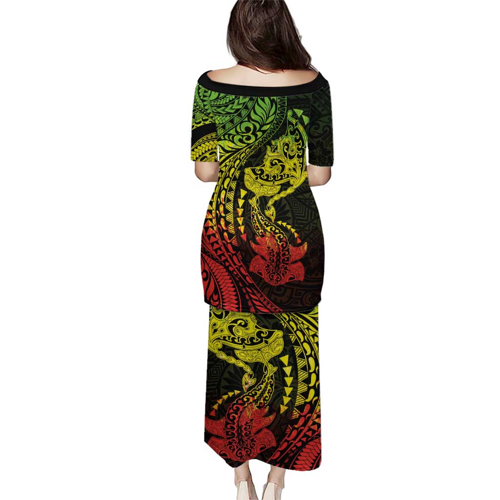 Hawaiian Manta Ray and Hammerhead Shark Tribal Tattoo Family Matching Puletasi and Hawaiian Shirt with Polynesian Tribal Pattern Reggae Style