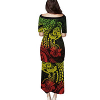 Hawaiian Manta Ray and Hammerhead Shark Tribal Tattoo Family Matching Puletasi and Hawaiian Shirt with Polynesian Tribal Pattern Reggae Style