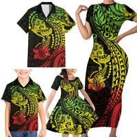 Hawaiian Manta Ray and Hammerhead Shark Tribal Tattoo Family Matching Short Sleeve Bodycon Dress and Hawaiian Shirt with Polynesian Tribal Pattern Reggae Style