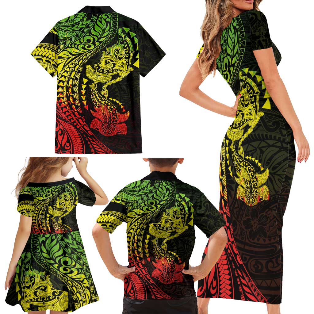 Hawaiian Manta Ray and Hammerhead Shark Tribal Tattoo Family Matching Short Sleeve Bodycon Dress and Hawaiian Shirt with Polynesian Tribal Pattern Reggae Style