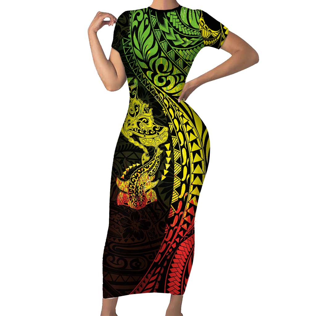 Hawaiian Manta Ray and Hammerhead Shark Tribal Tattoo Family Matching Short Sleeve Bodycon Dress and Hawaiian Shirt with Polynesian Tribal Pattern Reggae Style