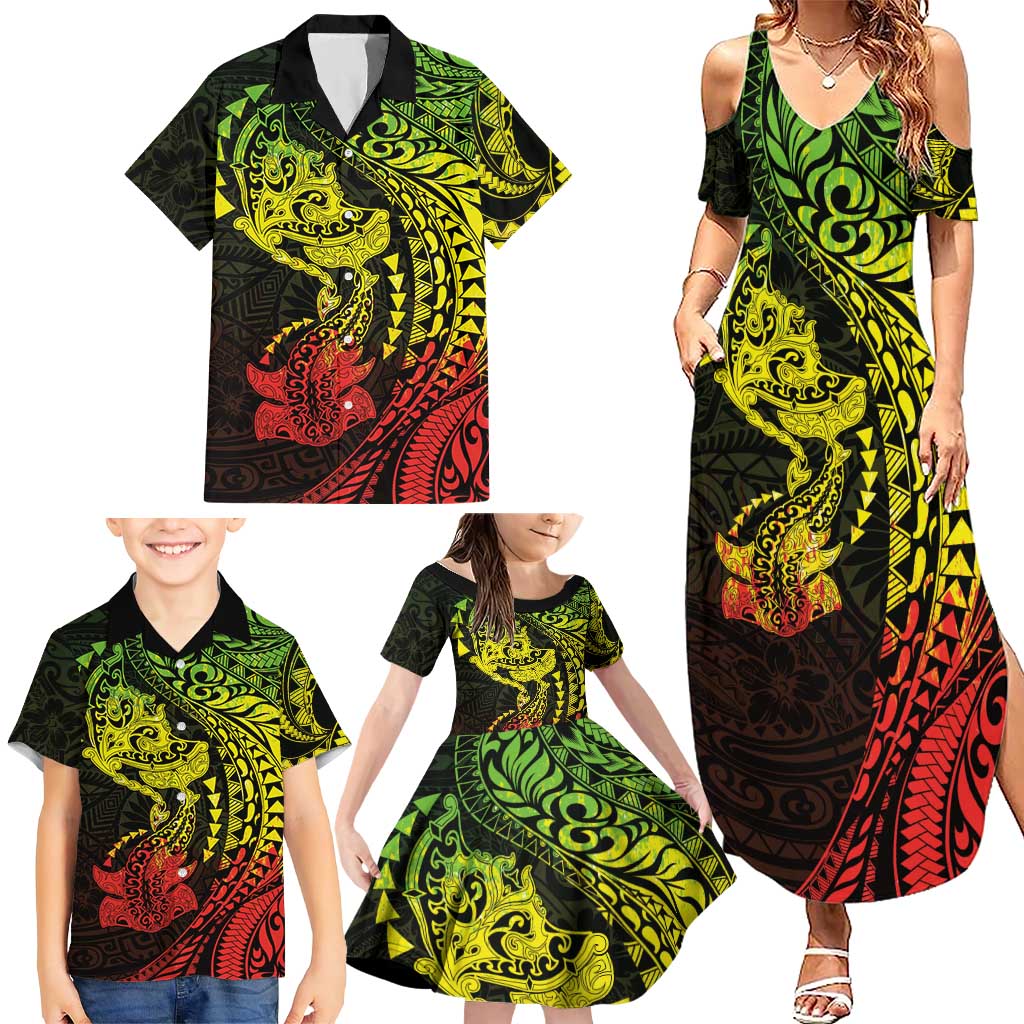 Hawaiian Manta Ray and Hammerhead Shark Tribal Tattoo Family Matching Summer Maxi Dress and Hawaiian Shirt with Polynesian Tribal Pattern Reggae Style