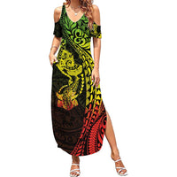 Hawaiian Manta Ray and Hammerhead Shark Tribal Tattoo Family Matching Summer Maxi Dress and Hawaiian Shirt with Polynesian Tribal Pattern Reggae Style