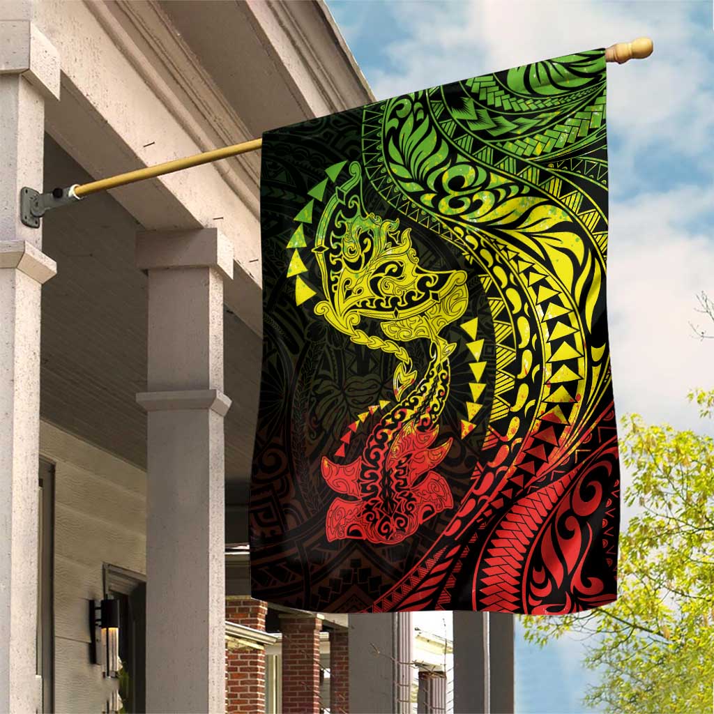 Hawaiian Manta Ray and Hammerhead Shark Tribal Tattoo Garden Flag with Polynesian Tribal Pattern Reggae Style