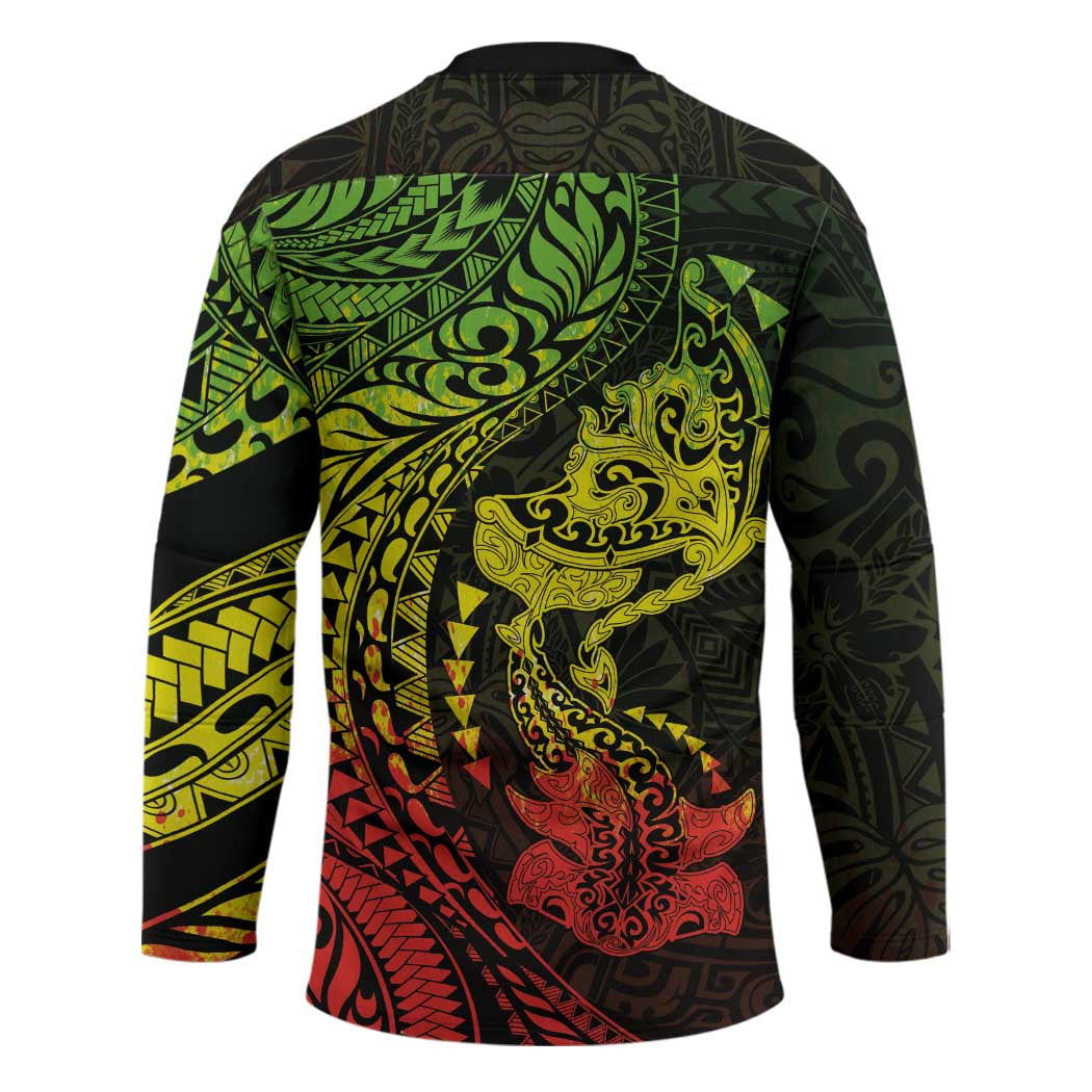 Hawaiian Manta Ray and Hammerhead Shark Tribal Tattoo Hockey Jersey with Polynesian Tribal Pattern Reggae Style