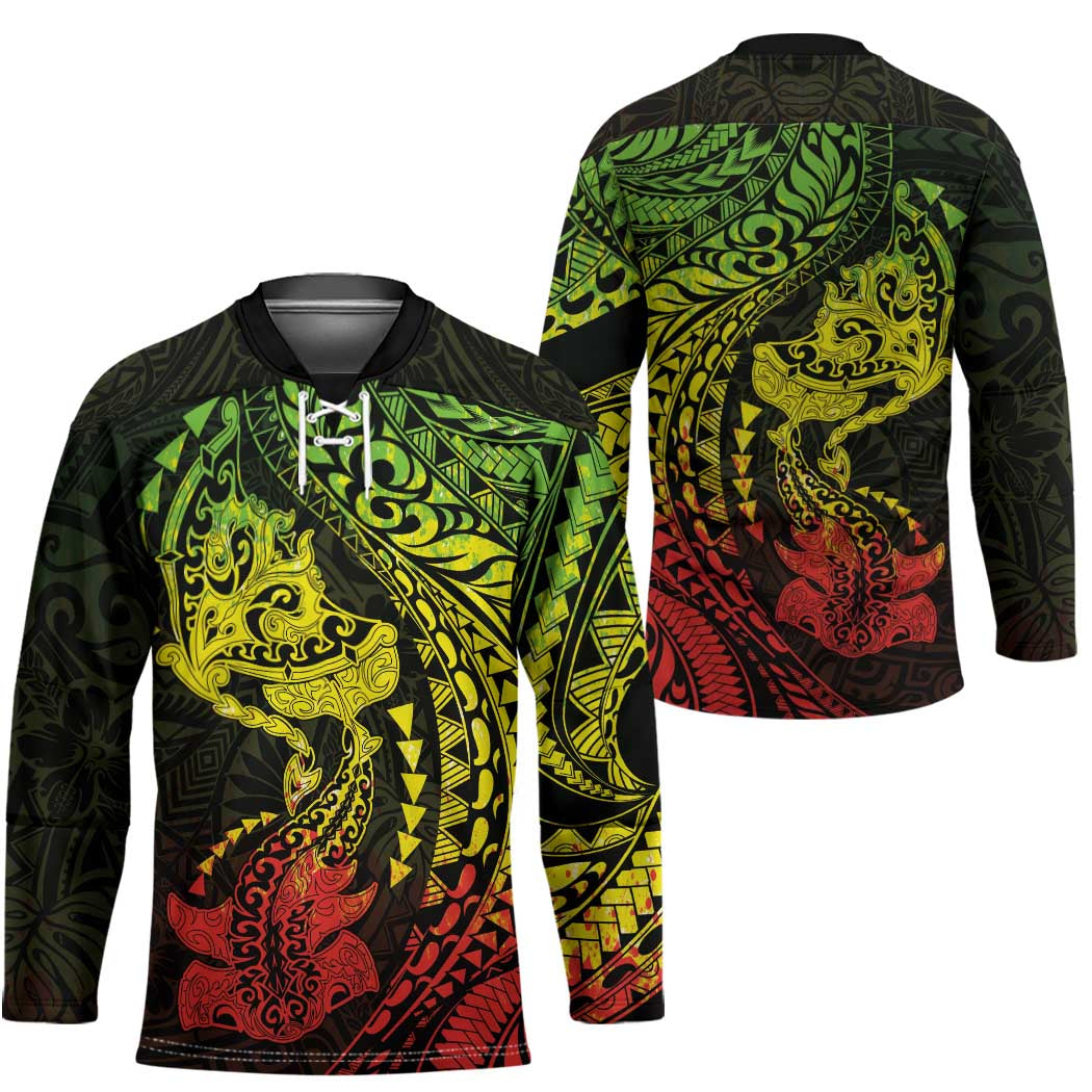 Hawaiian Manta Ray and Hammerhead Shark Tribal Tattoo Hockey Jersey with Polynesian Tribal Pattern Reggae Style