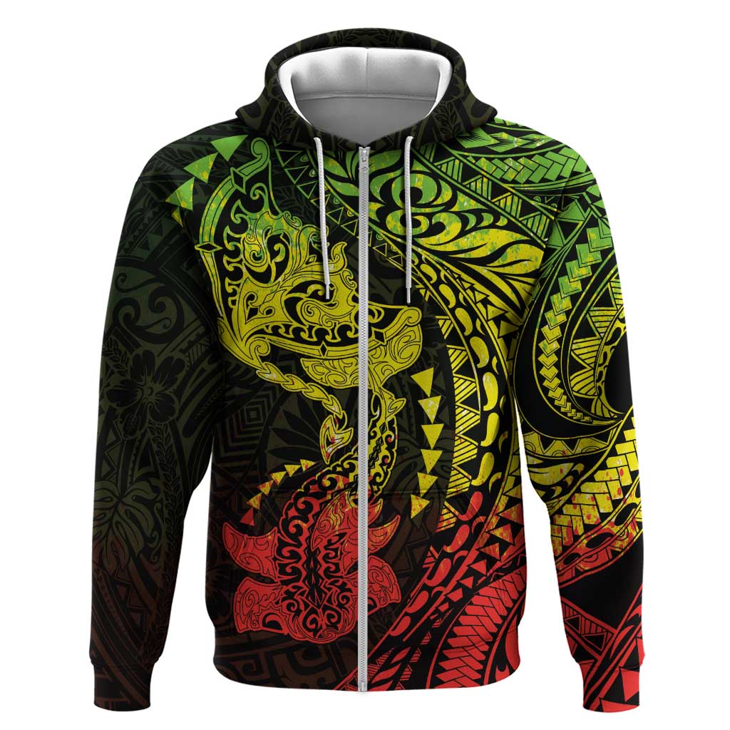 Hawaiian Manta Ray and Hammerhead Shark Tribal Tattoo Hoodie with Polynesian Tribal Pattern Reggae Style