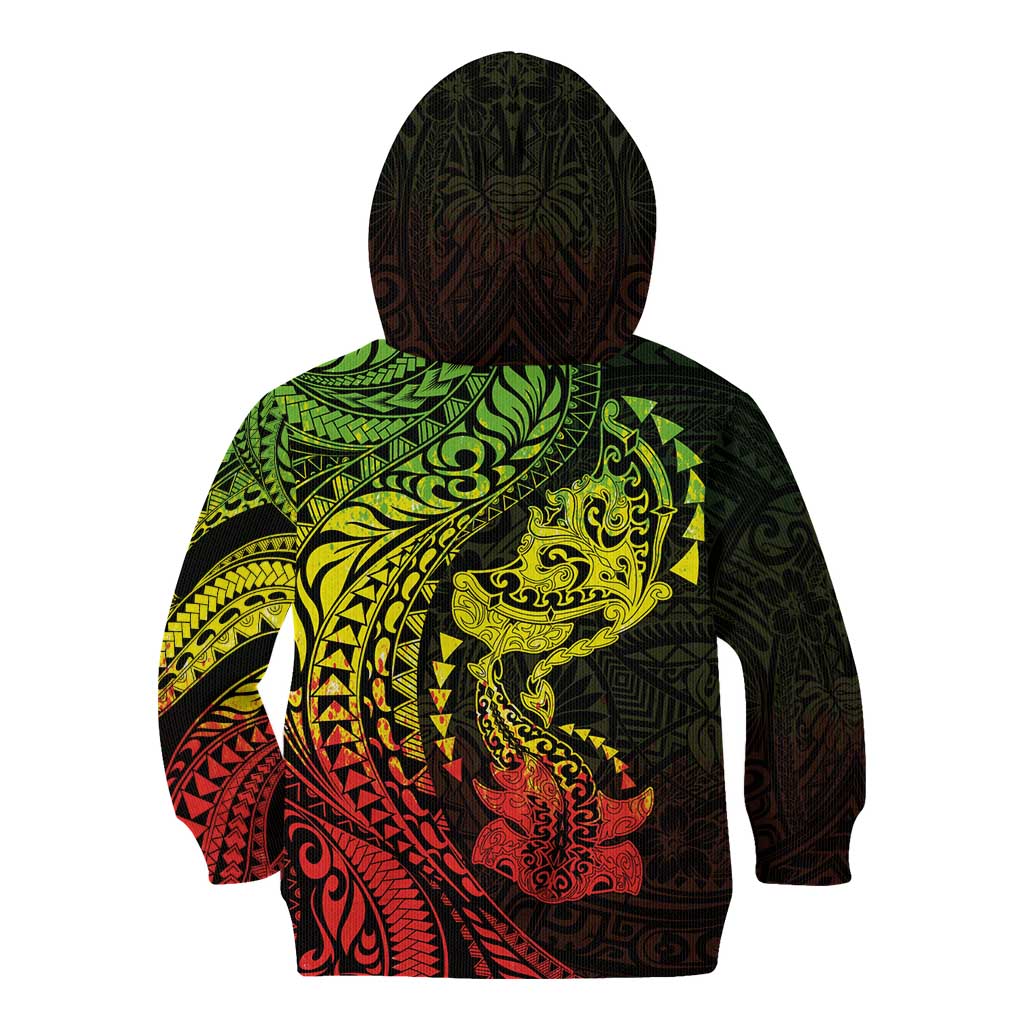 Hawaiian Manta Ray and Hammerhead Shark Tribal Tattoo Kid Hoodie with Polynesian Tribal Pattern Reggae Style
