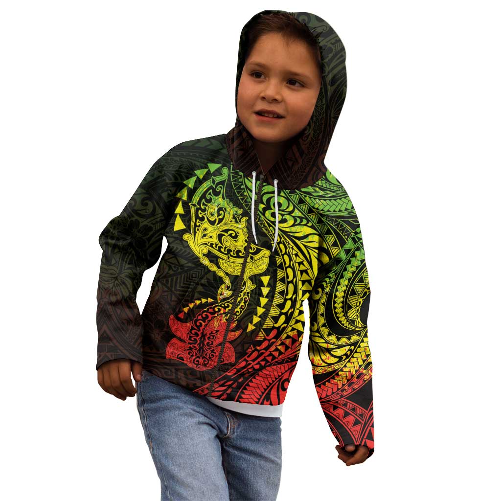 Hawaiian Manta Ray and Hammerhead Shark Tribal Tattoo Kid Hoodie with Polynesian Tribal Pattern Reggae Style