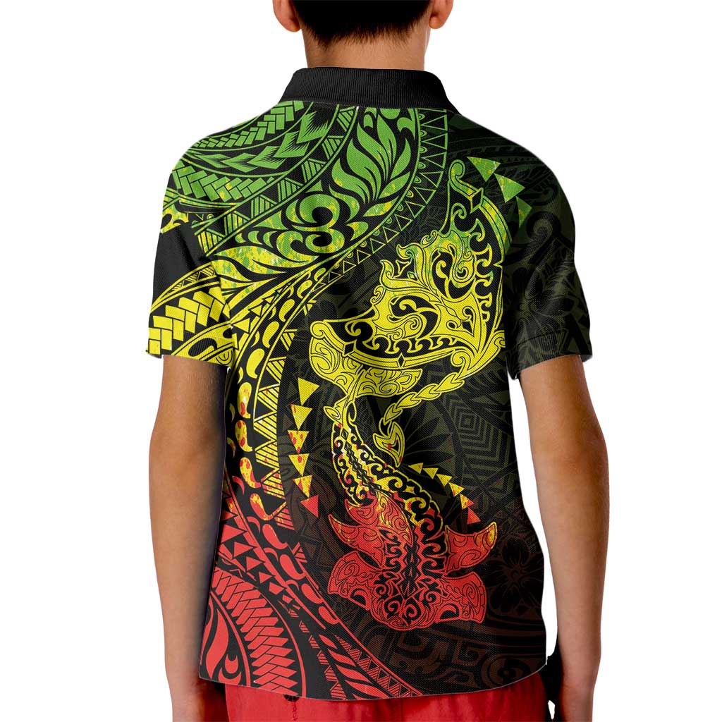 Hawaiian Manta Ray and Hammerhead Shark Tribal Tattoo Kid Polo Shirt with Polynesian Tribal Pattern Reggae Style