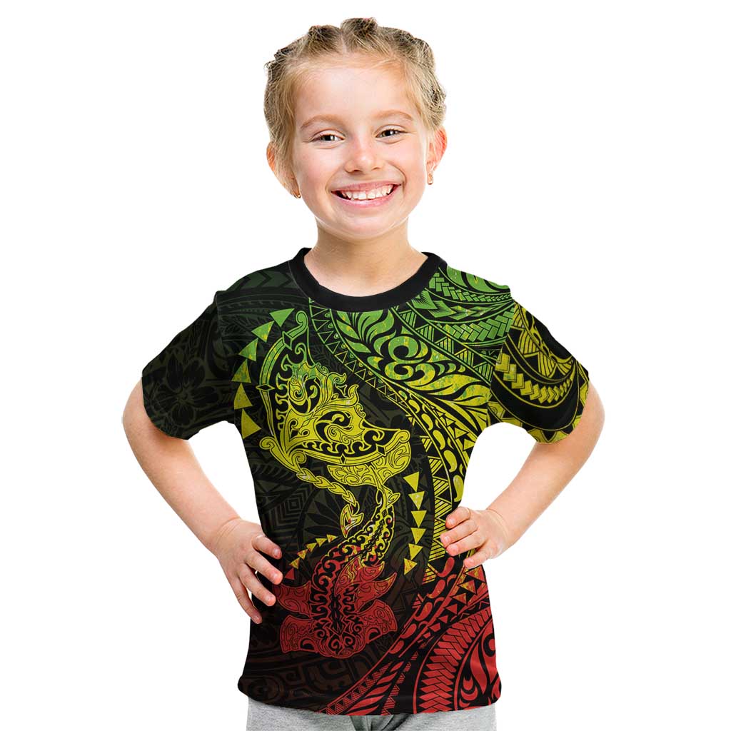 Hawaiian Manta Ray and Hammerhead Shark Tribal Tattoo Kid T Shirt with Polynesian Tribal Pattern Reggae Style