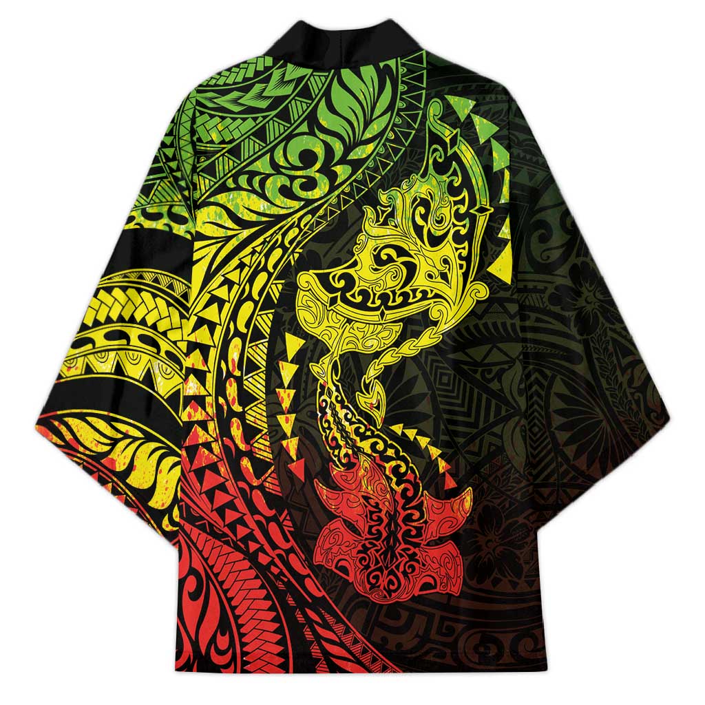 Hawaiian Manta Ray and Hammerhead Shark Tribal Tattoo Kimono with Polynesian Tribal Pattern Reggae Style