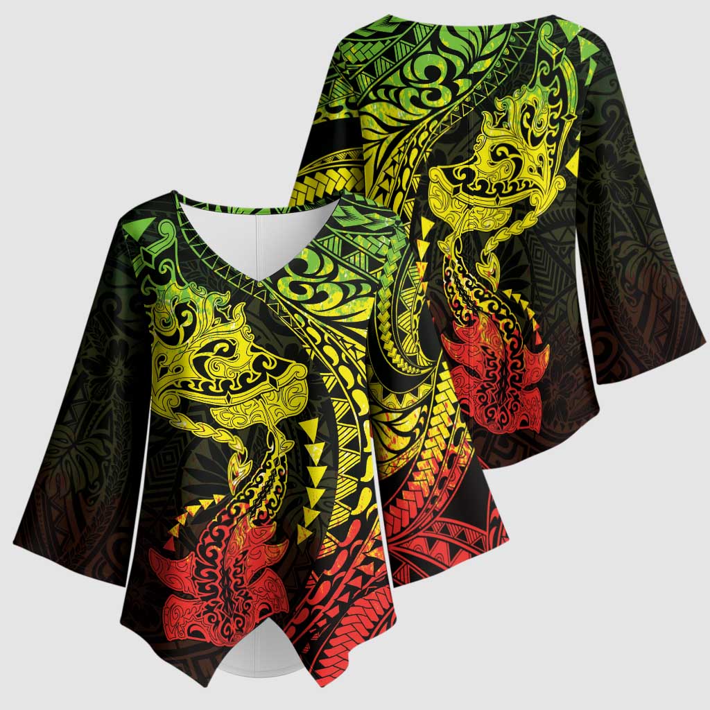 Hawaiian Manta Ray and Hammerhead Shark Tribal Tattoo Kimono Sleeve Blouse with Polynesian Tribal Pattern Reggae Style