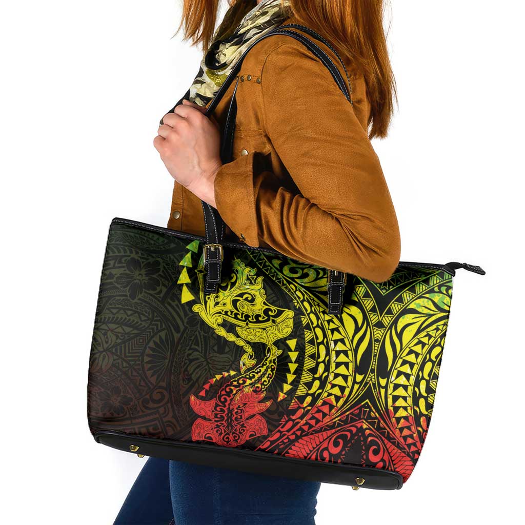 Hawaiian Manta Ray and Hammerhead Shark Tribal Tattoo Leather Tote Bag with Polynesian Tribal Pattern Reggae Style