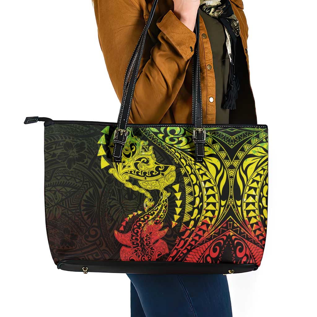Hawaiian Manta Ray and Hammerhead Shark Tribal Tattoo Leather Tote Bag with Polynesian Tribal Pattern Reggae Style