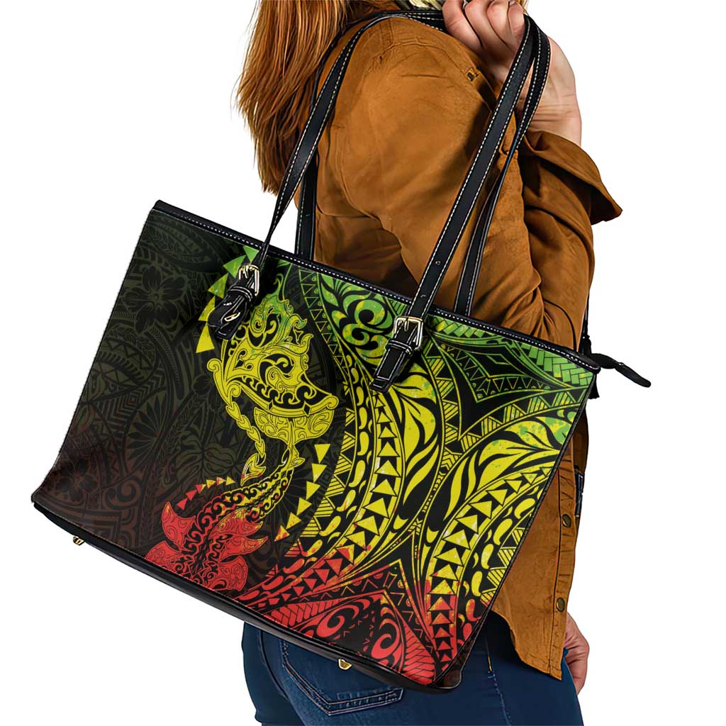 Hawaiian Manta Ray and Hammerhead Shark Tribal Tattoo Leather Tote Bag with Polynesian Tribal Pattern Reggae Style