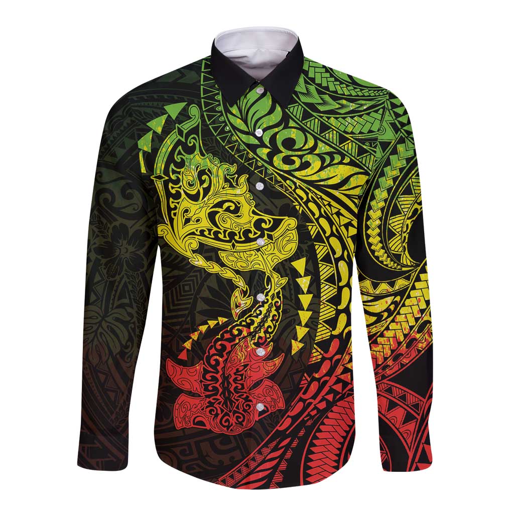 Hawaiian Manta Ray and Hammerhead Shark Tribal Tattoo Long Sleeve Button Shirt with Polynesian Tribal Pattern Reggae Style LT03 Unisex Multicolor - Polynesian Pride