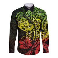 Hawaiian Manta Ray and Hammerhead Shark Tribal Tattoo Long Sleeve Button Shirt with Polynesian Tribal Pattern Reggae Style LT03 Unisex Multicolor - Polynesian Pride