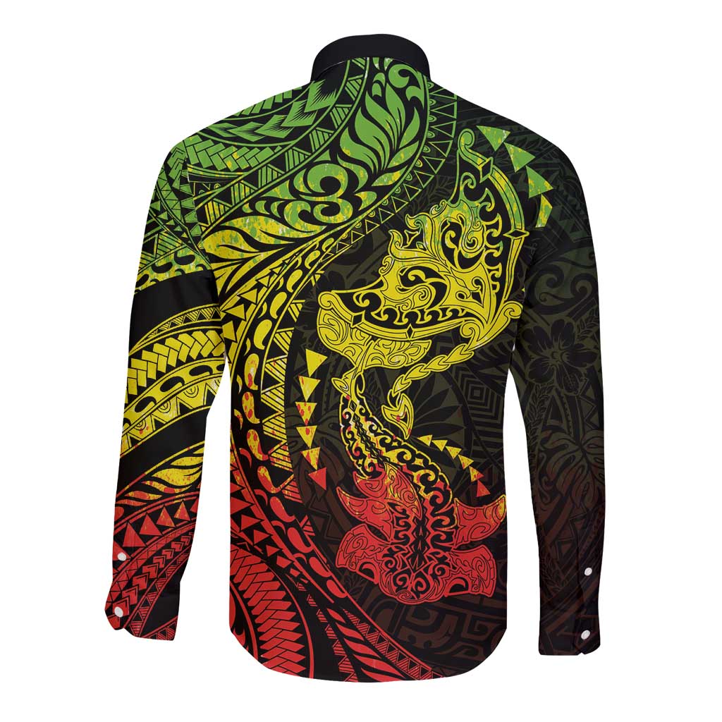 Hawaiian Manta Ray and Hammerhead Shark Tribal Tattoo Long Sleeve Button Shirt with Polynesian Tribal Pattern Reggae Style LT03 - Polynesian Pride