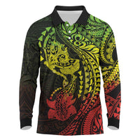 Hawaiian Manta Ray and Hammerhead Shark Tribal Tattoo Long Sleeve Polo Shirt with Polynesian Tribal Pattern Reggae Style