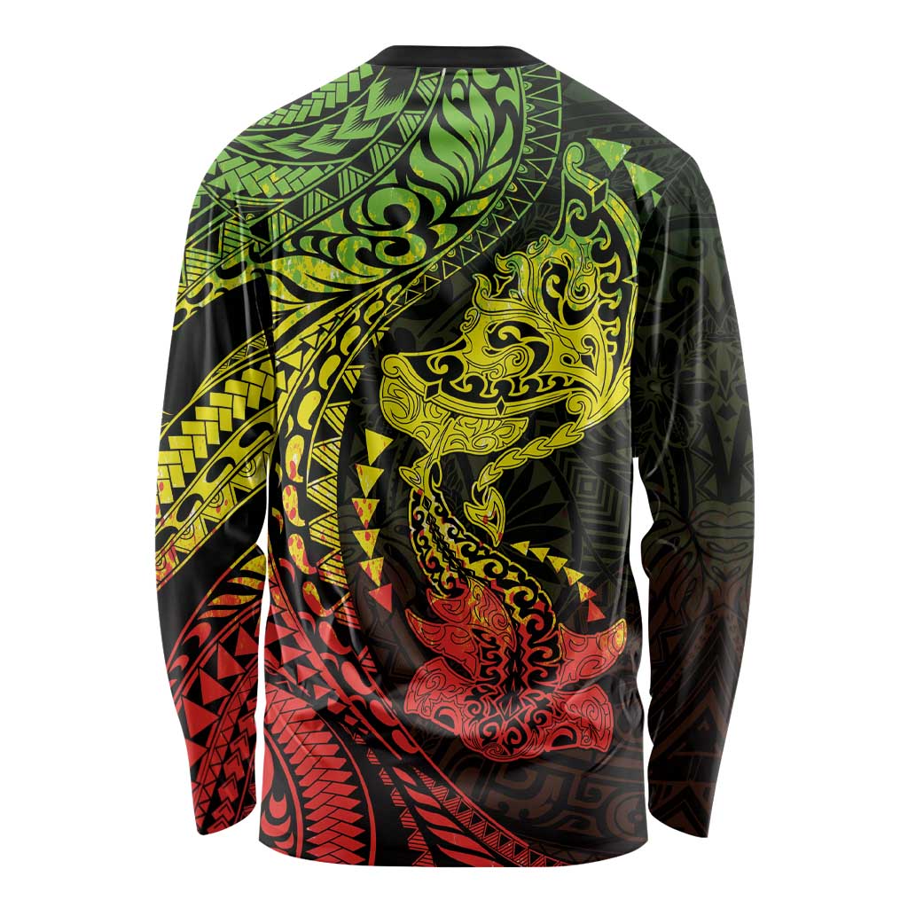 Hawaiian Manta Ray and Hammerhead Shark Tribal Tattoo Long Sleeve Shirt with Polynesian Tribal Pattern Reggae Style