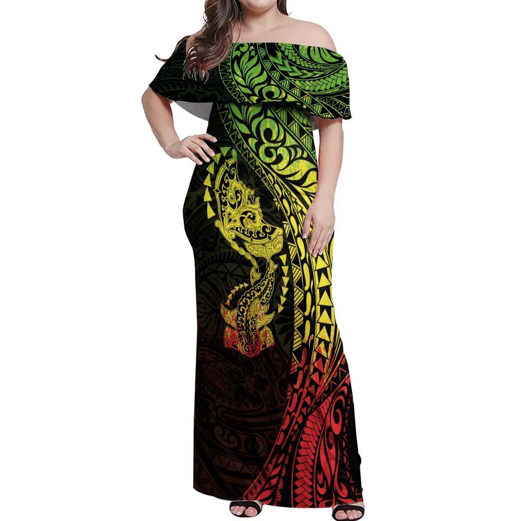 Hawaiian Manta Ray and Hammerhead Shark Tribal Tattoo Off Shoulder Maxi Dress with Polynesian Tribal Pattern Reggae Style