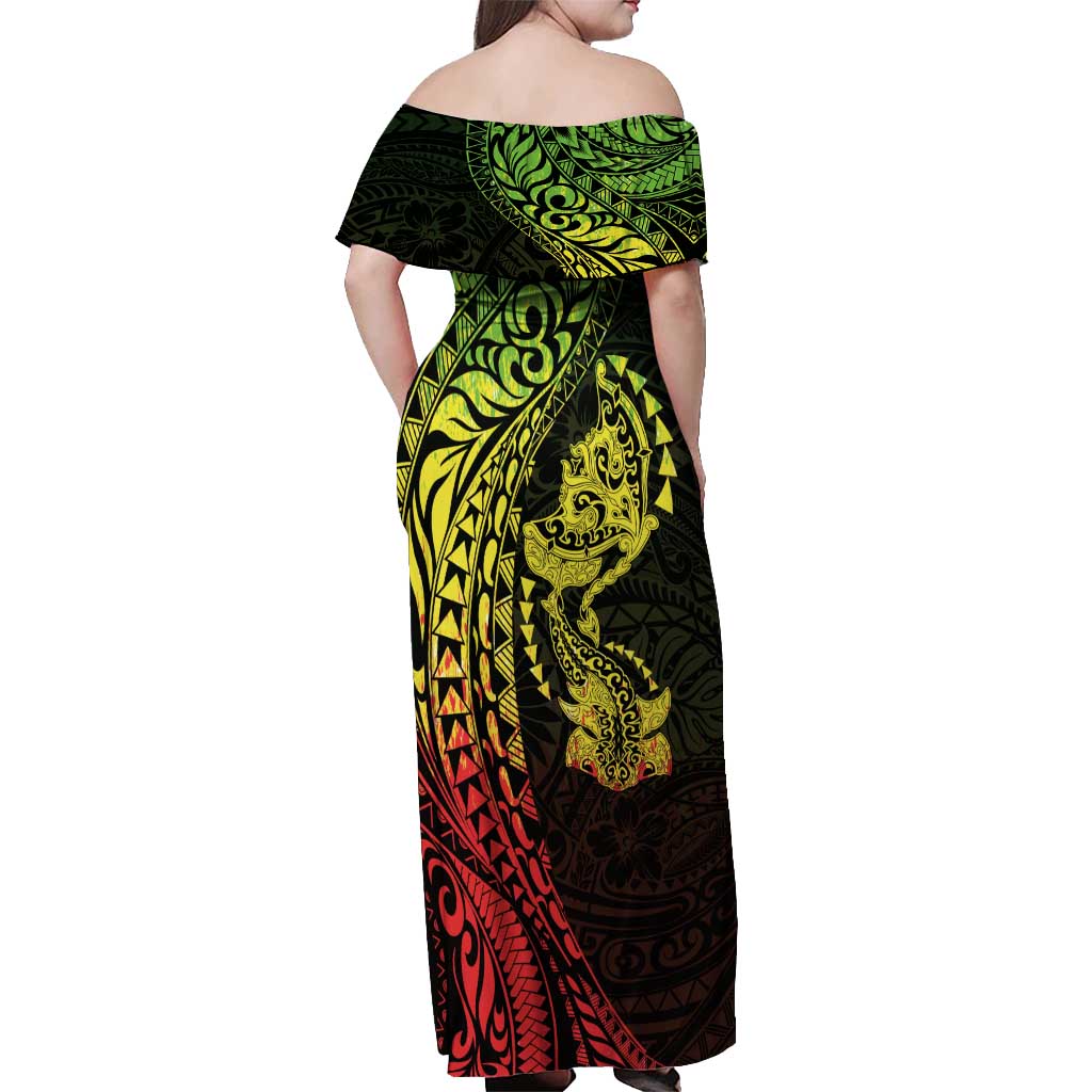 Hawaiian Manta Ray and Hammerhead Shark Tribal Tattoo Off Shoulder Maxi Dress with Polynesian Tribal Pattern Reggae Style