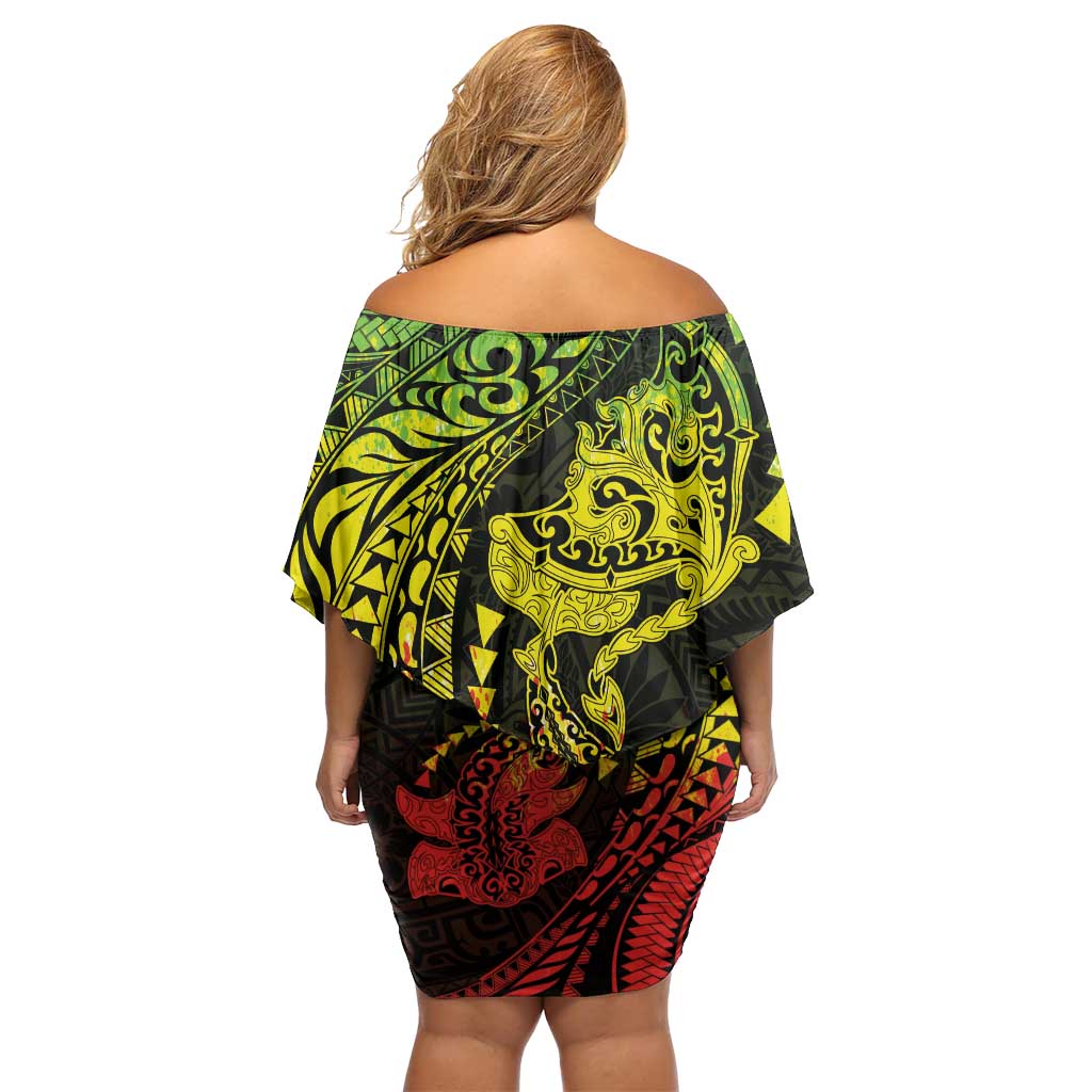 Hawaiian Manta Ray and Hammerhead Shark Tribal Tattoo Off Shoulder Short Dress with Polynesian Tribal Pattern Reggae Style