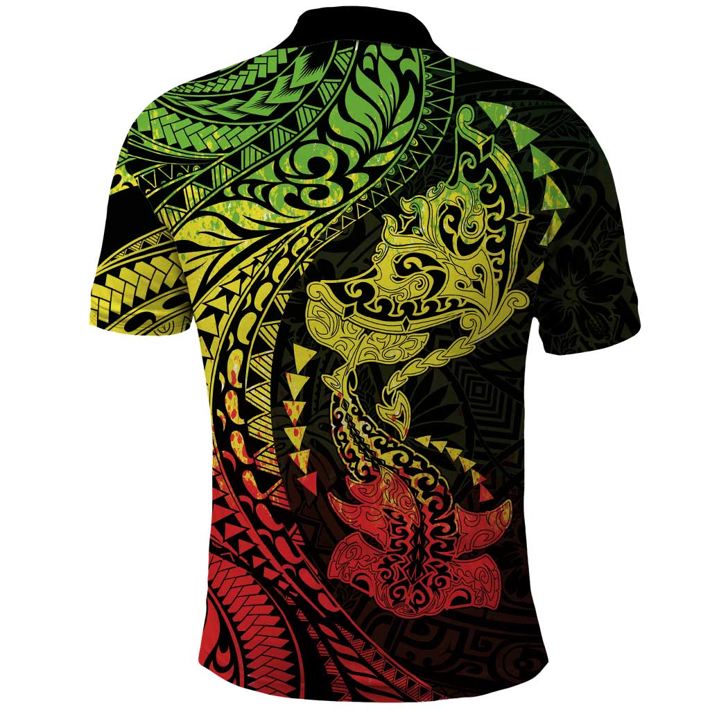 Hawaiian Manta Ray and Hammerhead Shark Tribal Tattoo Polo Shirt with Polynesian Tribal Pattern Reggae Style
