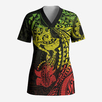 Hawaiian Manta Ray and Hammerhead Shark Tribal Tattoo Scrub Top with Polynesian Tribal Pattern Reggae Style