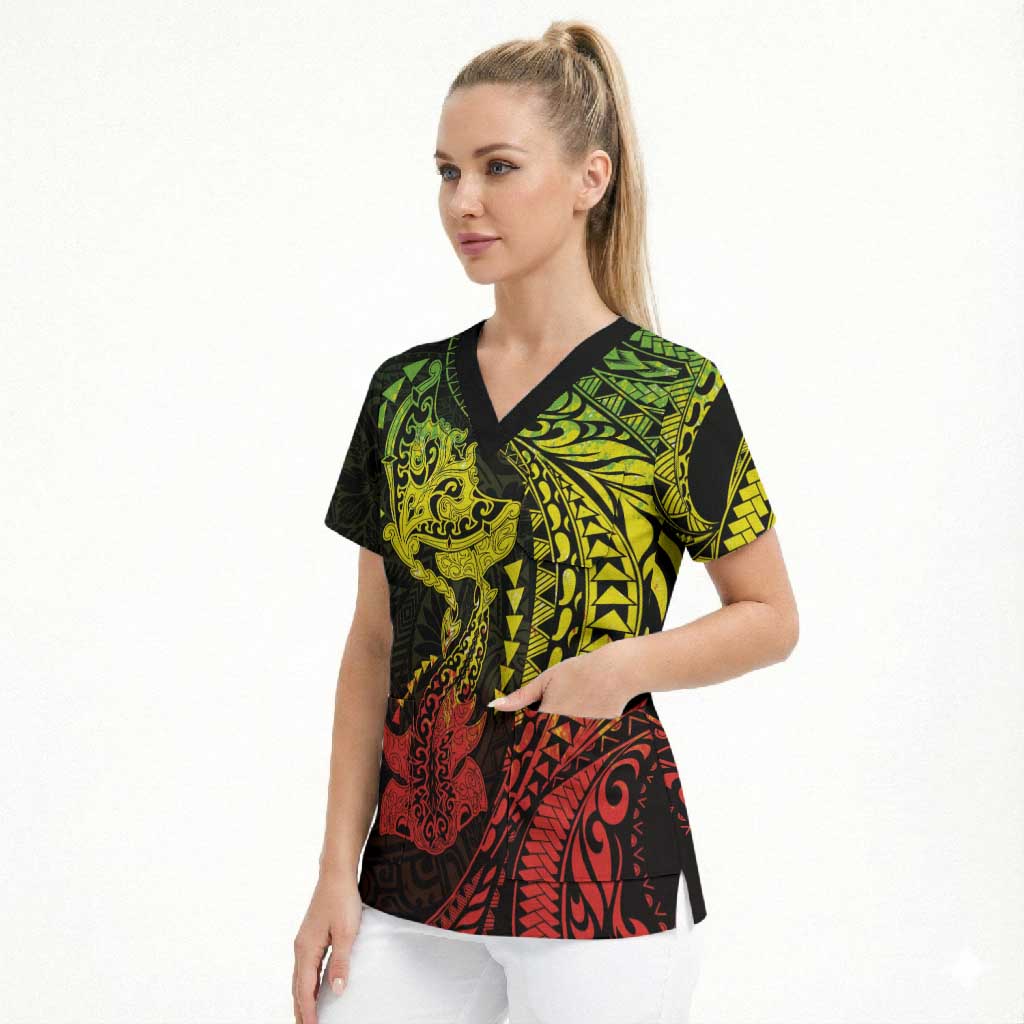 Hawaiian Manta Ray and Hammerhead Shark Tribal Tattoo Scrub Top with Polynesian Tribal Pattern Reggae Style