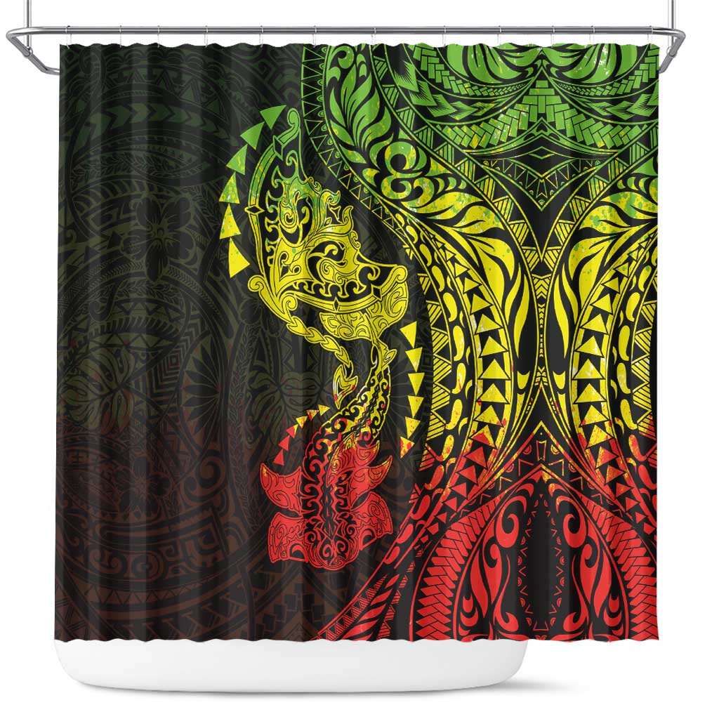 Hawaiian Manta Ray and Hammerhead Shark Tribal Tattoo Shower Curtain with Polynesian Tribal Pattern Reggae Style LT03 Multicolor - Polynesian Pride