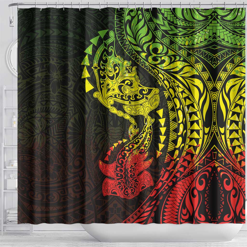 Hawaiian Manta Ray and Hammerhead Shark Tribal Tattoo Shower Curtain with Polynesian Tribal Pattern Reggae Style LT03 - Polynesian Pride