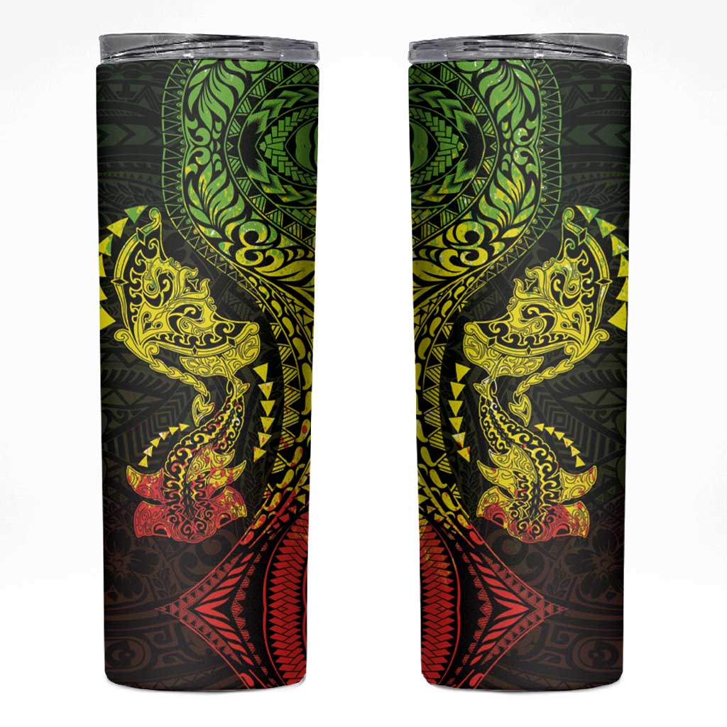 Hawaiian Manta Ray and Hammerhead Shark Tribal Tattoo Skinny Tumbler with Polynesian Tribal Pattern Reggae Style