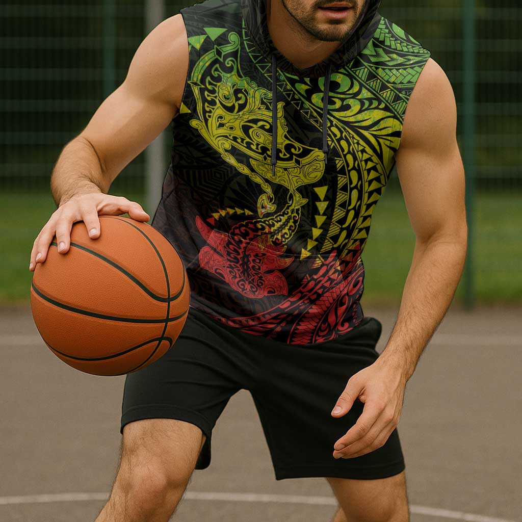 Hawaiian Manta Ray and Hammerhead Shark Tribal Tattoo Sleeveless Hoodie with Polynesian Tribal Pattern Reggae Style