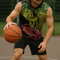 Hawaiian Manta Ray and Hammerhead Shark Tribal Tattoo Sleeveless Hoodie with Polynesian Tribal Pattern Reggae Style