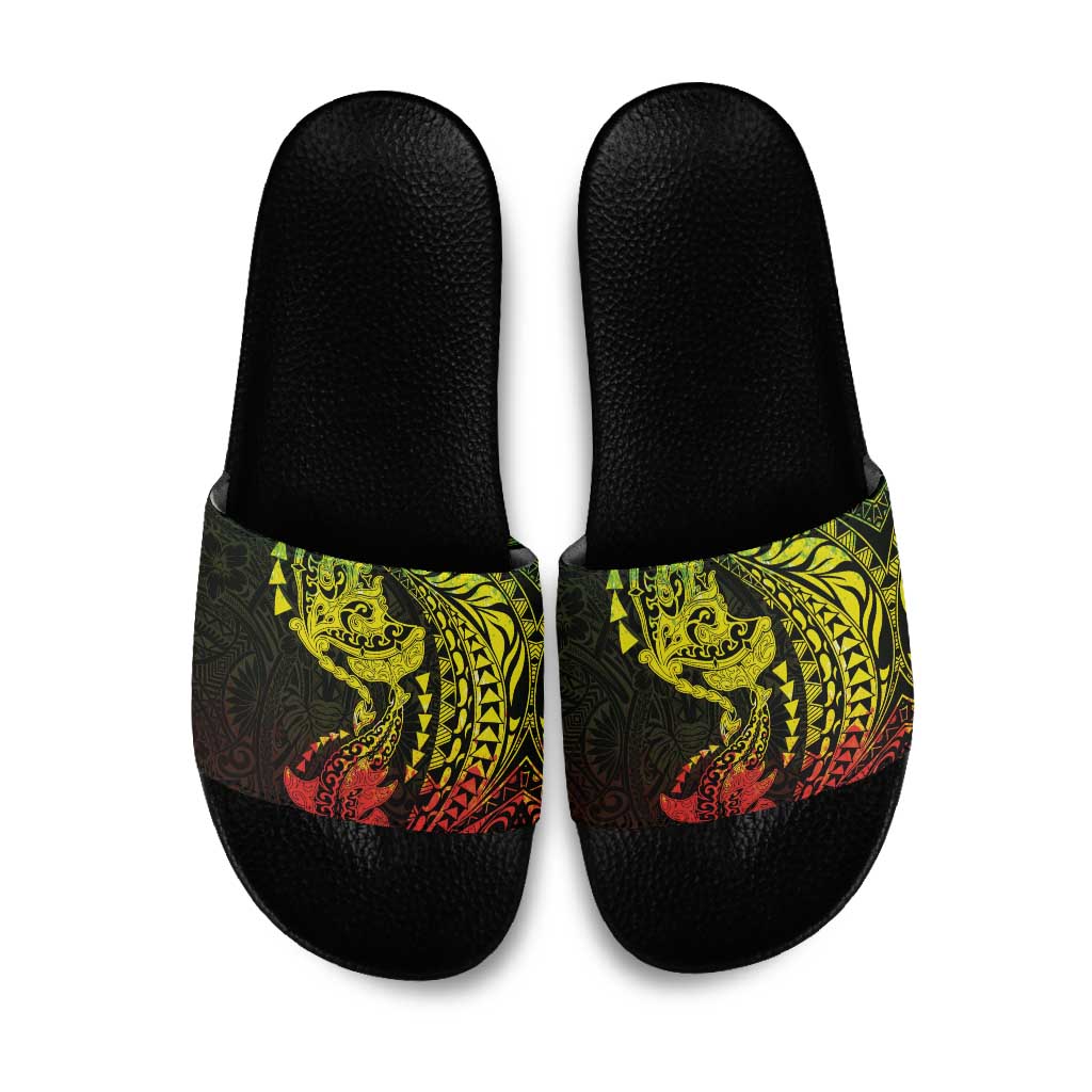 Hawaiian Manta Ray and Hammerhead Shark Tribal Tattoo Slide Sandals with Polynesian Tribal Pattern Reggae Style