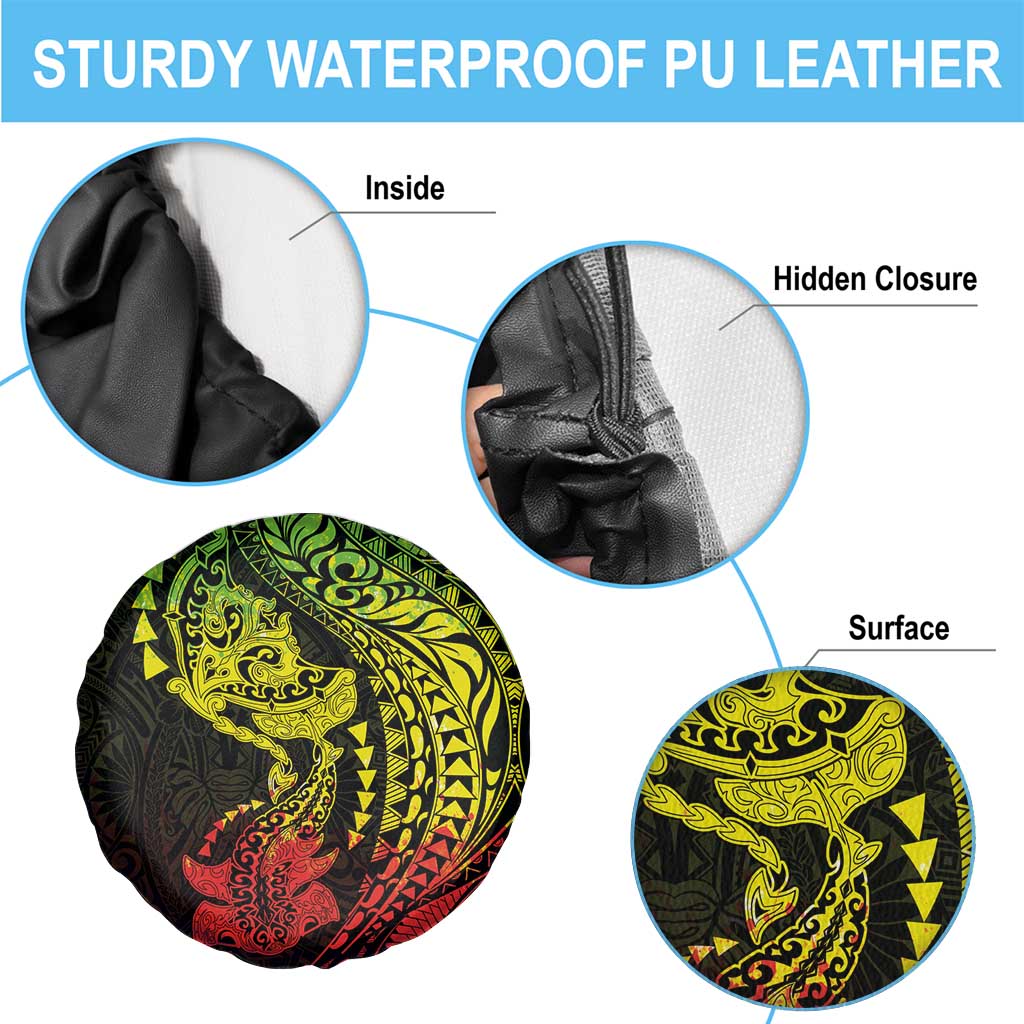 Hawaiian Manta Ray and Hammerhead Shark Tribal Tattoo Spare Tire Cover with Polynesian Tribal Pattern Reggae Style