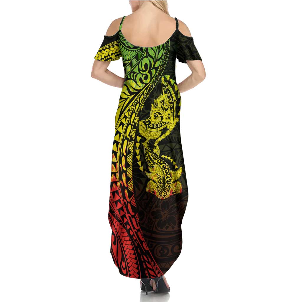 Hawaiian Manta Ray and Hammerhead Shark Tribal Tattoo Summer Maxi Dress with Polynesian Tribal Pattern Reggae Style