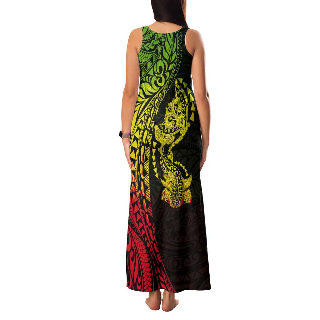 Hawaiian Manta Ray and Hammerhead Shark Tribal Tattoo Tank Maxi Dress with Polynesian Tribal Pattern Reggae Style