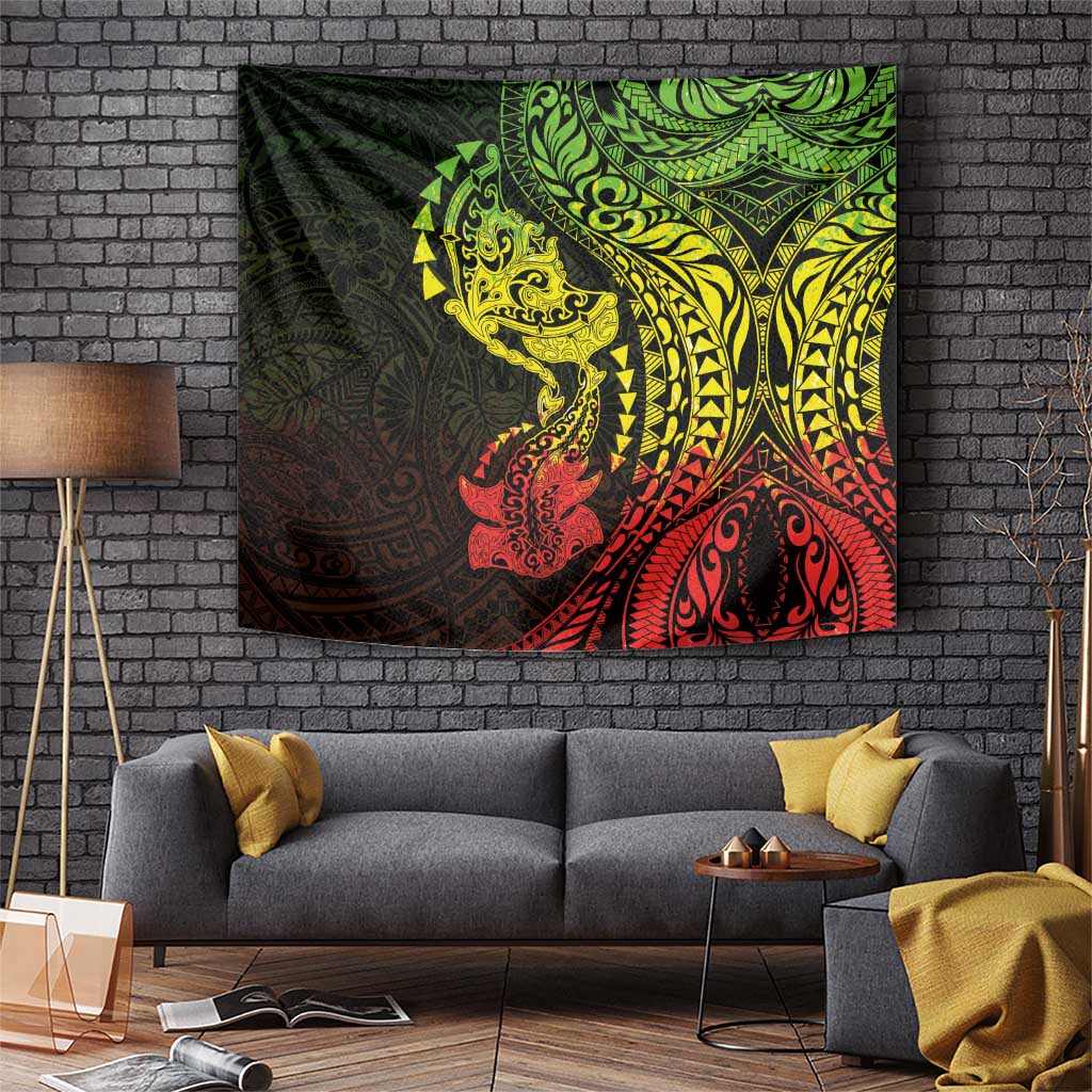 Hawaiian Manta Ray and Hammerhead Shark Tribal Tattoo Tapestry with Polynesian Tribal Pattern Reggae Style