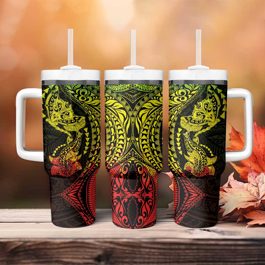 Hawaiian Manta Ray and Hammerhead Shark Tribal Tattoo Tumbler With Handle with Polynesian Tribal Pattern Reggae Style