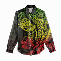 Hawaiian Manta Ray and Hammerhead Shark Tribal Tattoo Women Casual Shirt with Polynesian Tribal Pattern Reggae Style