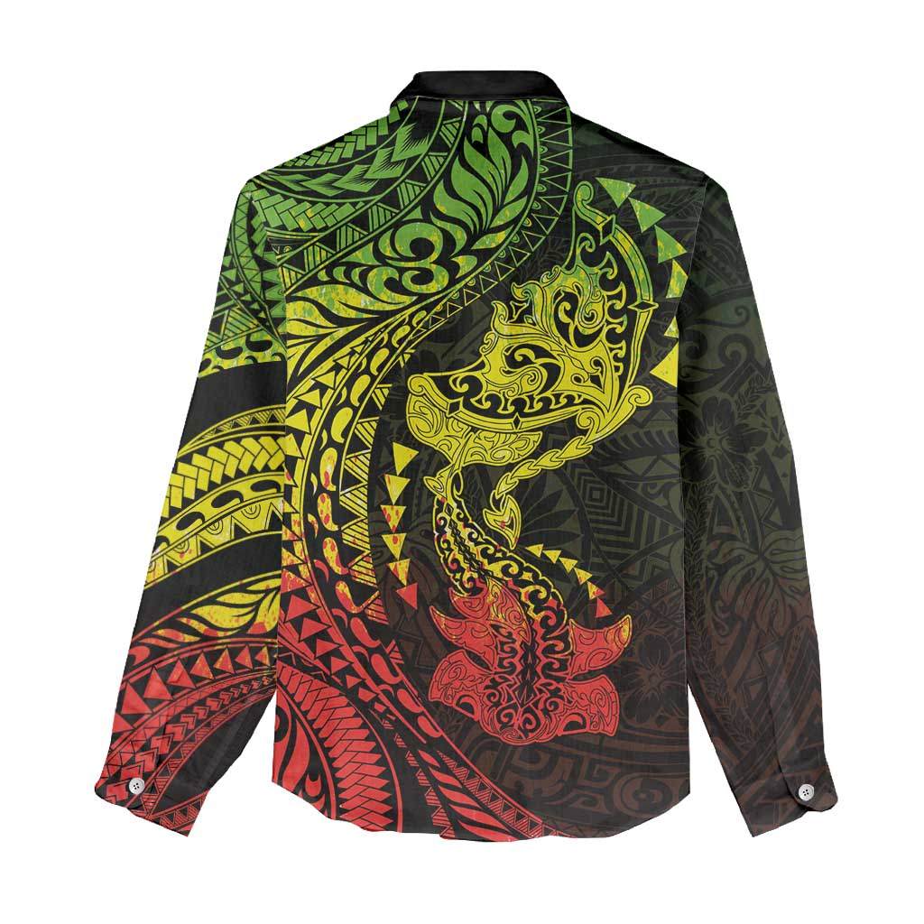 Hawaiian Manta Ray and Hammerhead Shark Tribal Tattoo Women Casual Shirt with Polynesian Tribal Pattern Reggae Style