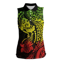 Hawaiian Manta Ray and Hammerhead Shark Tribal Tattoo Women Sleeveless Polo Shirt with Polynesian Tribal Pattern Reggae Style