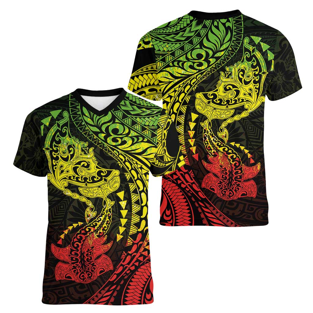 Hawaiian Manta Ray and Hammerhead Shark Tribal Tattoo Women V-Neck T-Shirt with Polynesian Tribal Pattern Reggae Style